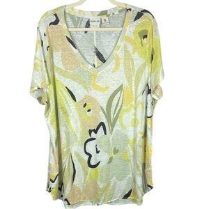 Rachel Zoe 100% Linen Floral Yellow and Cream Graphic Blouse Size 1X